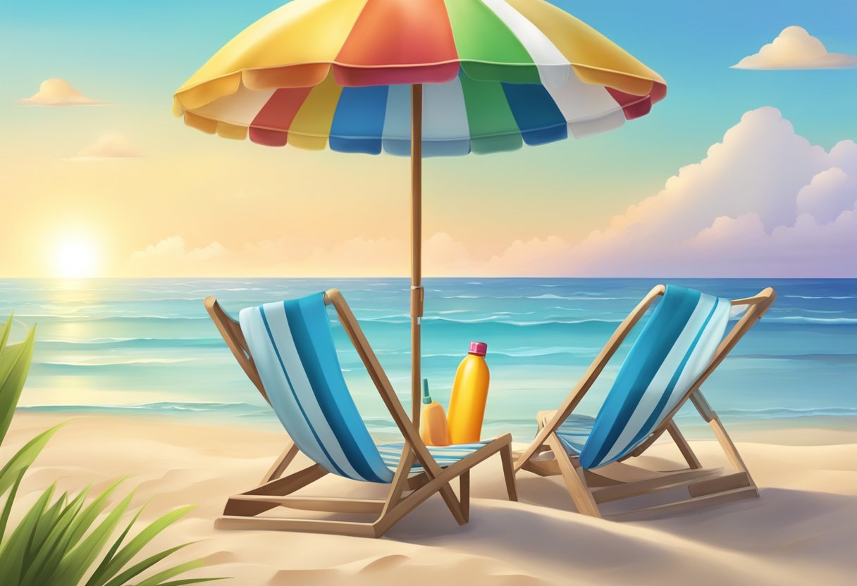 A sandy beach with a pair of flip-flops, a bottle of sunscreen, a hat, and a towel under a colorful umbrella